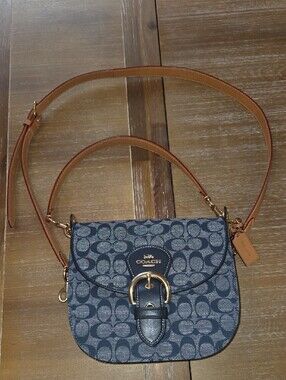 Coach Blue Signature Canvas Saddle Crossbody with Tan Leather Trim